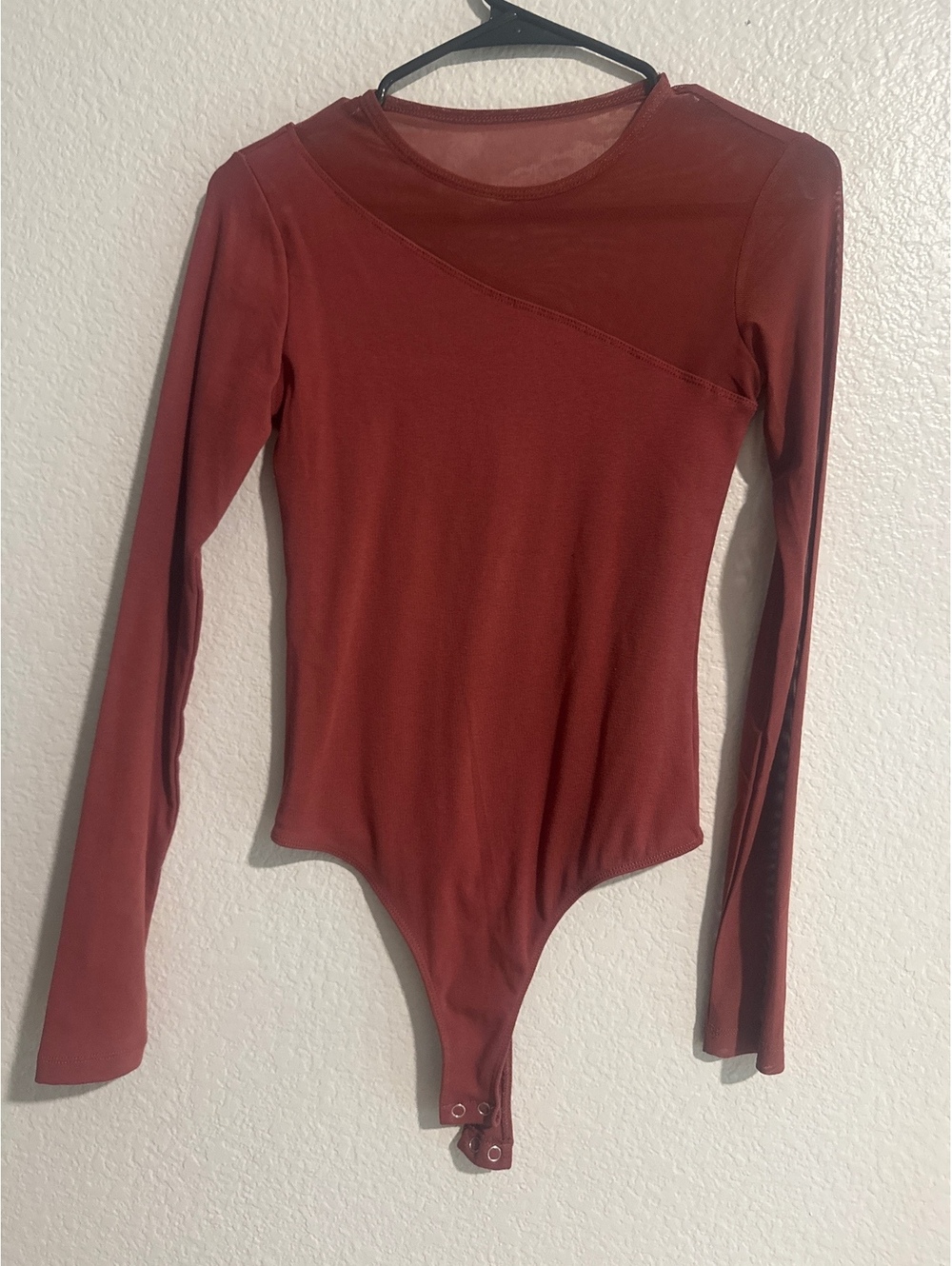 Women's Rust Asymmetrical Sheer Mesh Bodysuit, Size Small, Cotton Blend